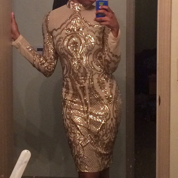 Fashion Nova Calcy Sequin Mesh Midi Dress - Gold, Size S - Picture 3 of 5